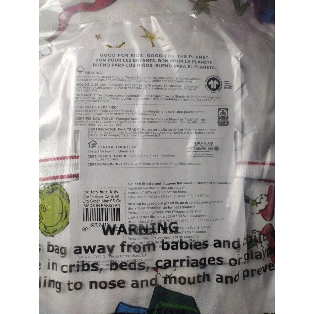 Pottery Barn ~Dr. Seuss's The Grinch & Max Organic Sheet Set Queen - Picture 6 of 6